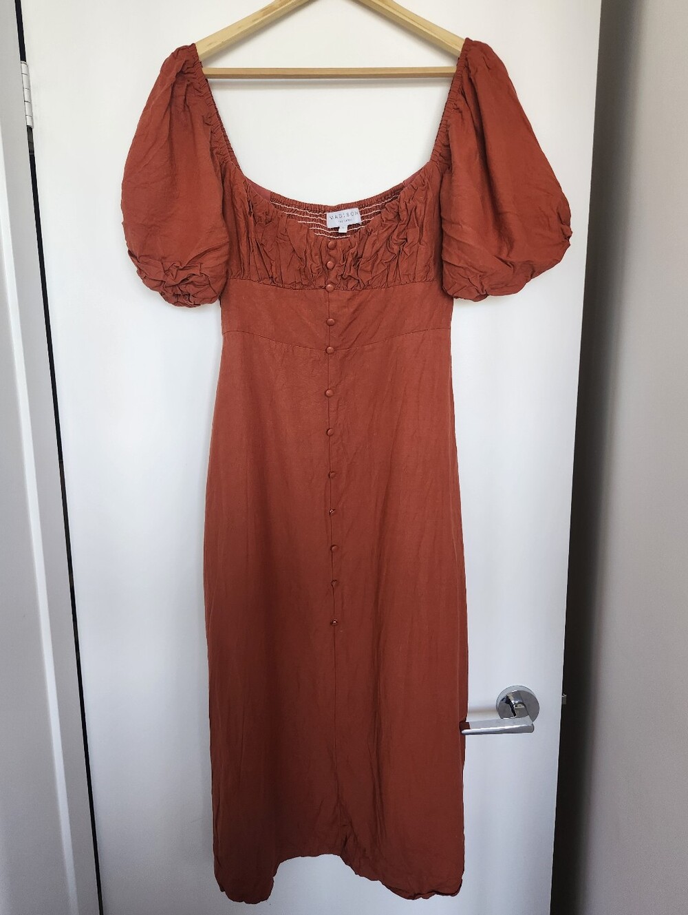 Summer Linen Puff-Sleeve Button-Front Midi Dress
